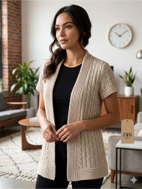 Zara Knit Beige Cable Knit Short Sleeve Open Front Cardigan Sweater 1757